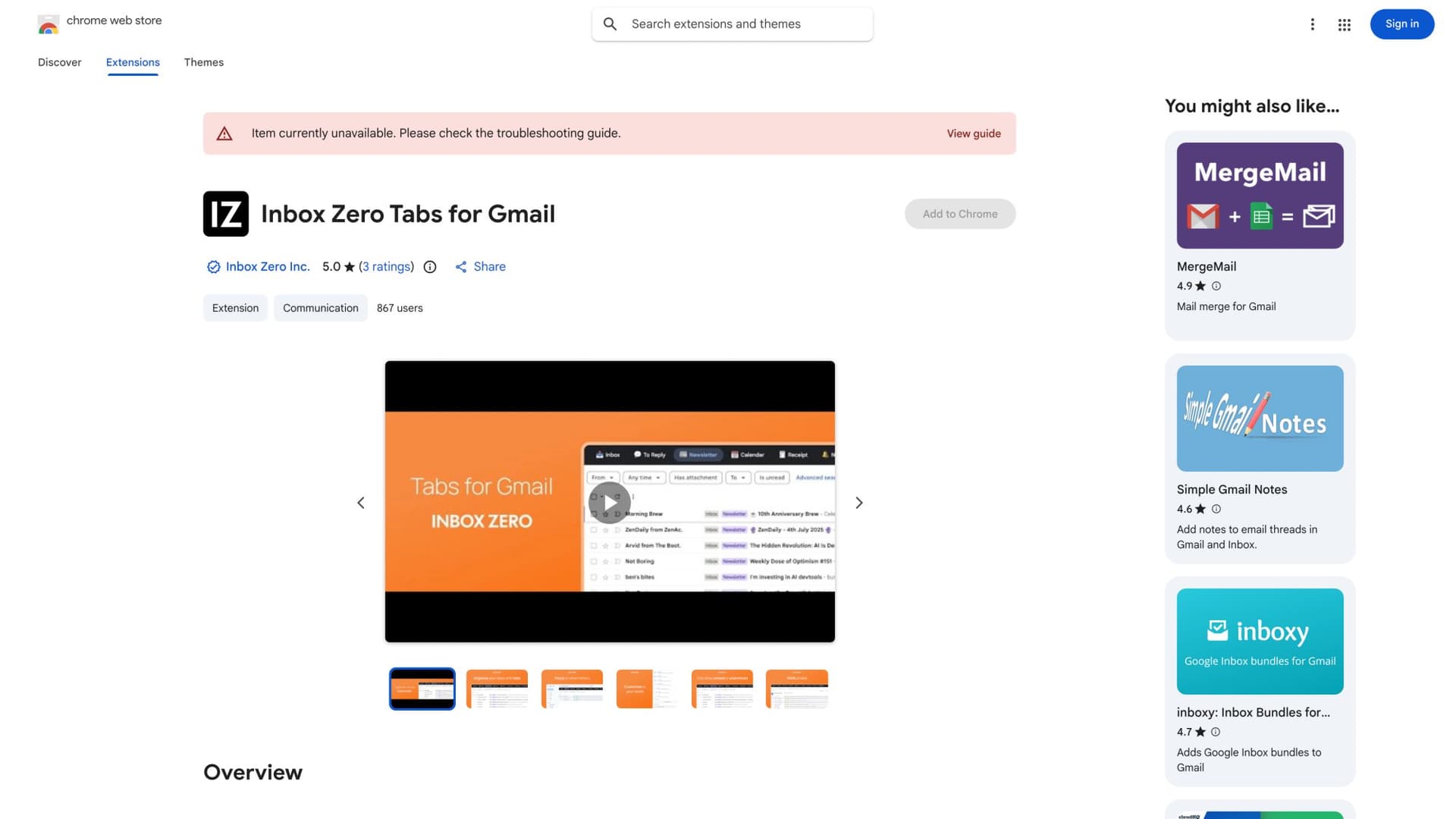 Inbox Zero Tabs for Gmail extension on Chrome Web Store showing tab customization features and privacy-first local storage